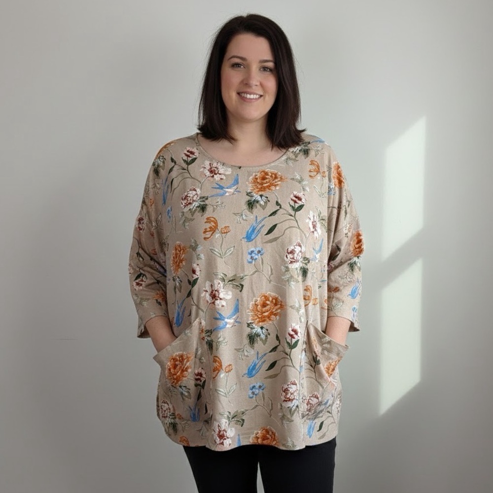 Cynthia Rowley Floral Linen Blend Loose 3/4 Sleeve Top Beige Size 2X New NWT